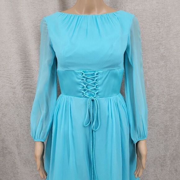 Vintage 60s Bright Blue Fairycore Midi Dress Corset Bodice Long Sleeves Chiffon - Picture 2 of 13